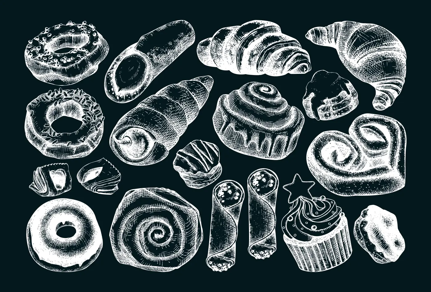 Vector collection of illustrations for bakery shop, cooking on chalkboard. Hand drawn sweet products, desserts, pastries, baking goods in sketch style.  Illustration